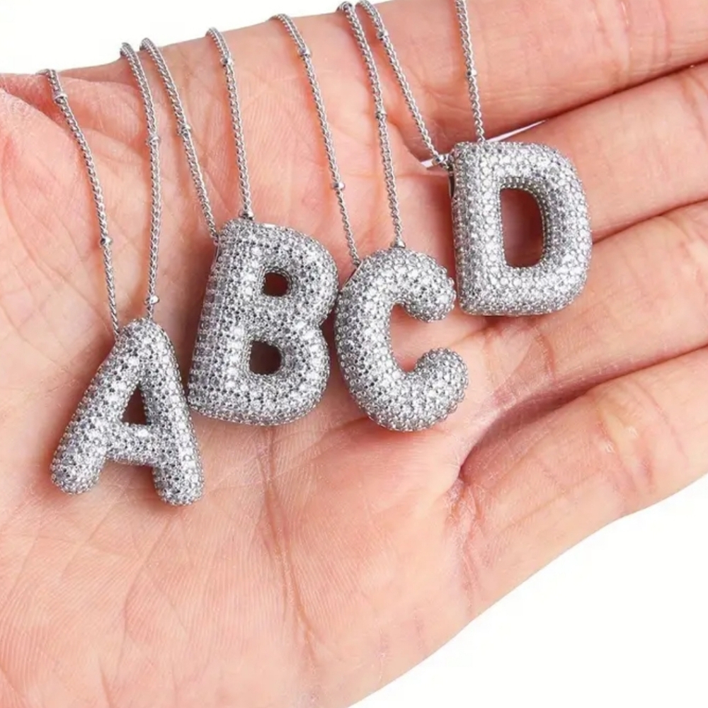 #12 Silvery Bubble Letter Pendant Necklace, Copper Inlaid Zirconia